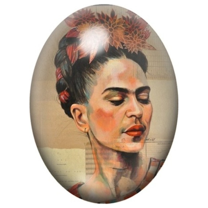 Cabochon en Verre Illustré Frida Kahlo Portrait Peint les Yeux Clos 13x18, 18x25 ou 30x40mm