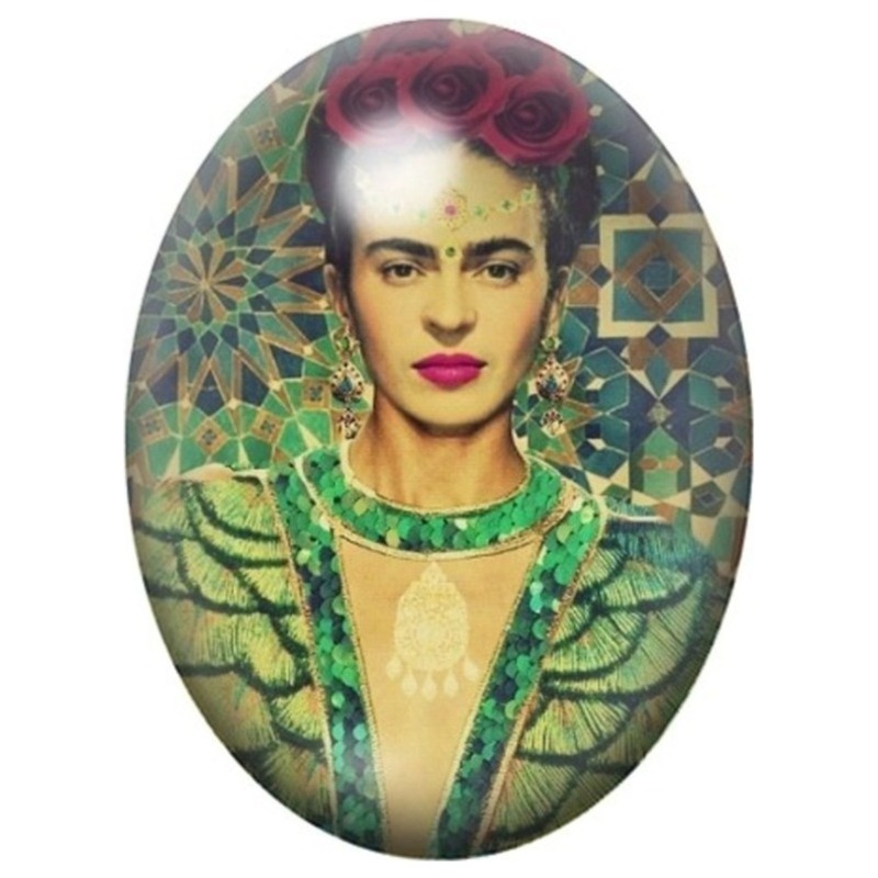 Cabochon en Verre Illustré Frida Kahlo en Mosaïque Verte 13x18, 18x25 ou 30x40mm