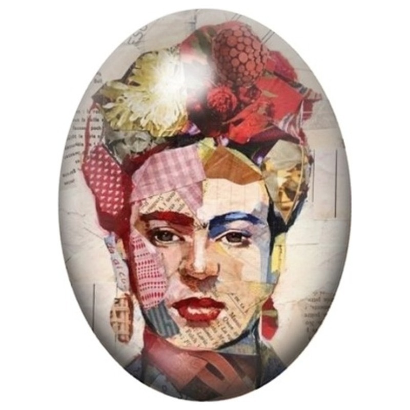 Cabochon en Verre Illustré Frida Kahlo Portrait en Collage Géométrique 13x18, 18x25 ou 30x40mm
