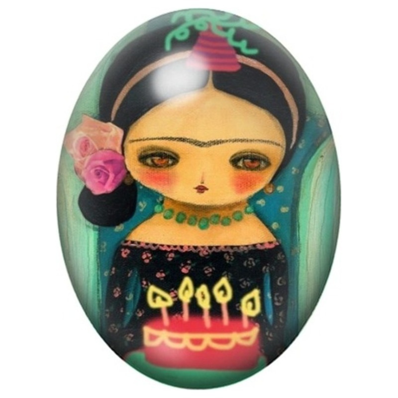 Cabochon en Verre Illustré Frida Kahlo en Robe Noire aux Bougies 13x18, 18x25 ou 30x40mm