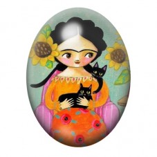 Cabochon en Verre Illustré Frida Kahlo avec Chat Noir et Tournesols 13x18, 18x25 ou 30x40mm pour la création de bijoux fantaisie