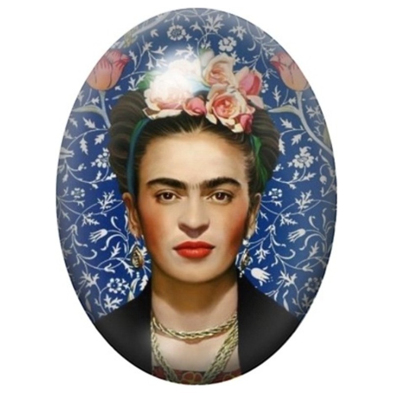 Cabochon en Verre Illustré Frida Kahlo sur Fond Bleu Fleuri 13x18, 18x25 ou 30x40mm