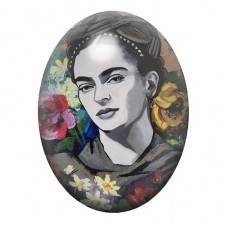 Cabochon en Verre Illustré Frida Kahlo Portrait Gris aux Fleurs 13x18, 18x25 ou 30x40mm pour la création de bijoux fantaisie - D