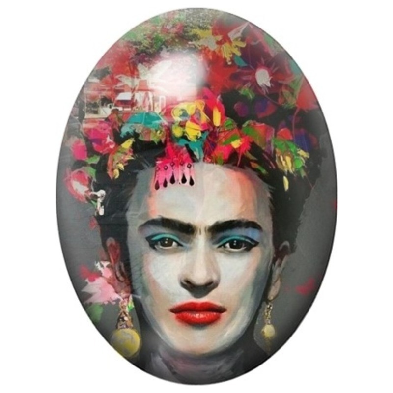 Cabochon en Verre Illustré Frida Kahlo à la Coiffe Fleurie 13x18, 18x25 ou 30x40mm