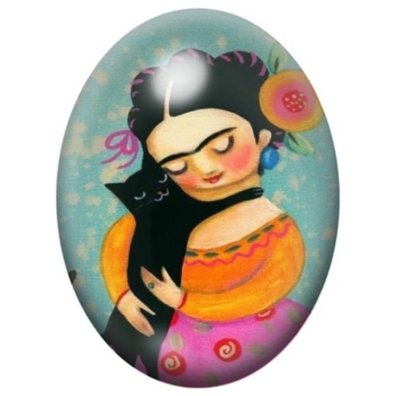 Cabochon en Verre Illustré Frida Kahlo avec Chat Noir 13x18, 18x25 ou 30x40mm