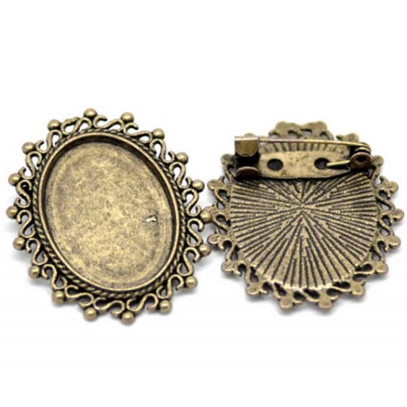 Support Broche Bronze Ornementé pour Cabochon Ovale 18x25mm