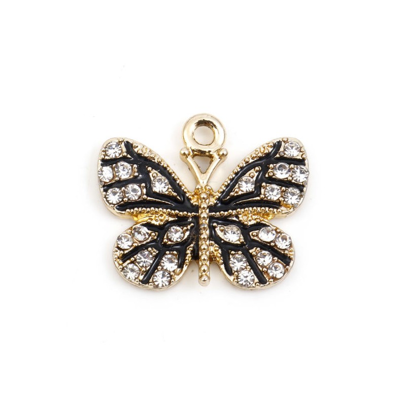2 Breloques Papillon Noir Métal Doré avec Strass 19x17mm