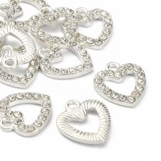 2 Breloques Coeur Strass  Métal Argenté 14x12mm Saint Valentin