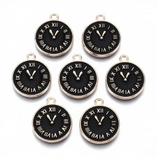 2 Breloques Horloge en Émail Noir Métal Doré 17x14mm