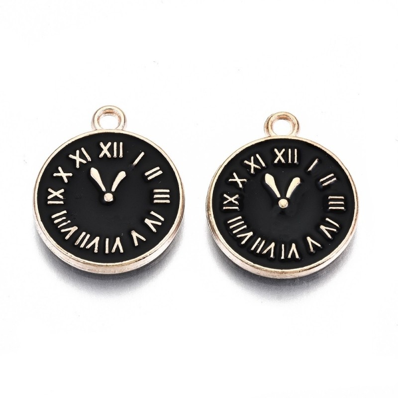 2 Breloques Horloge en Émail Noir Métal Doré 17x14mm