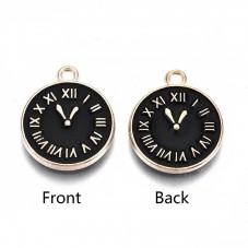 2 Breloques Horloge en Émail Noir Métal Doré 17x14mm