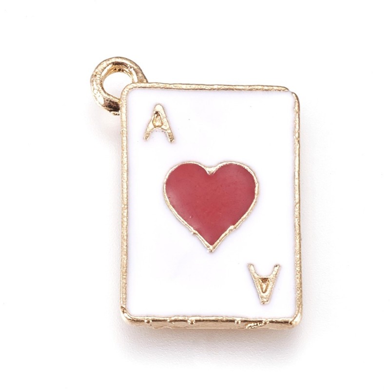 2 Breloques Carte As de Coeur en Émail Blanc Métal Doré 19x14mm Saint Valentin