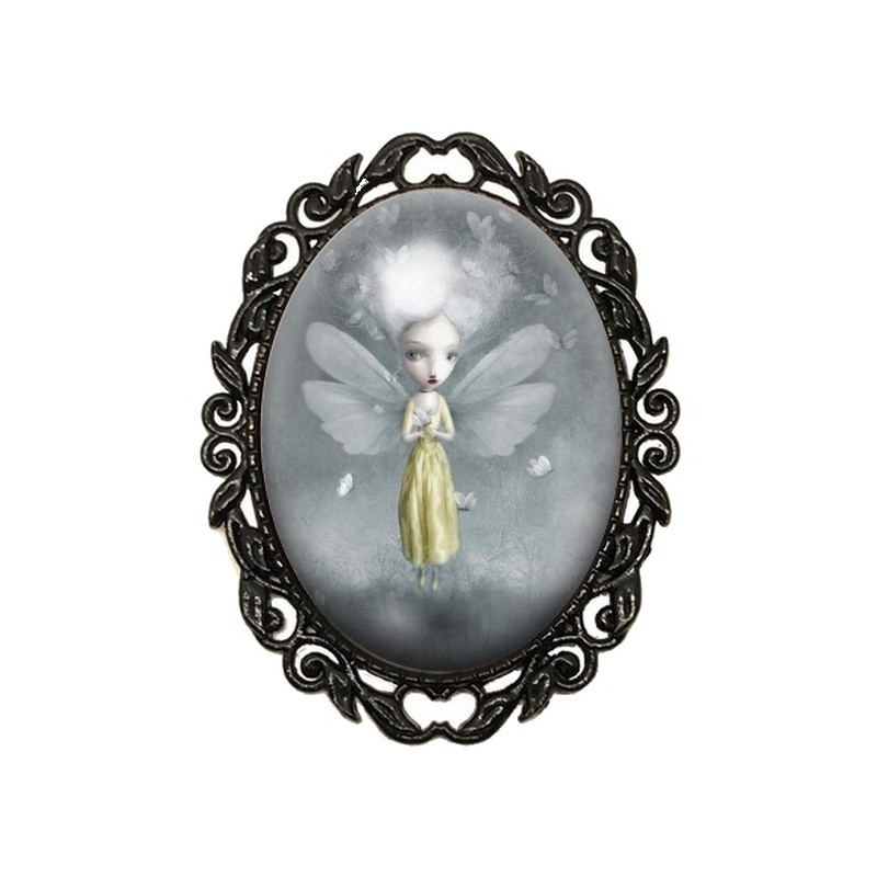 Broche Noire avec Cabochon en Verre Fille Papillon