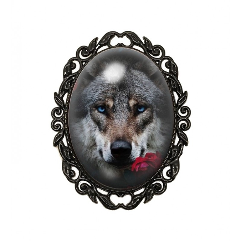 Broche Noire avec Cabochon en Verre Loup