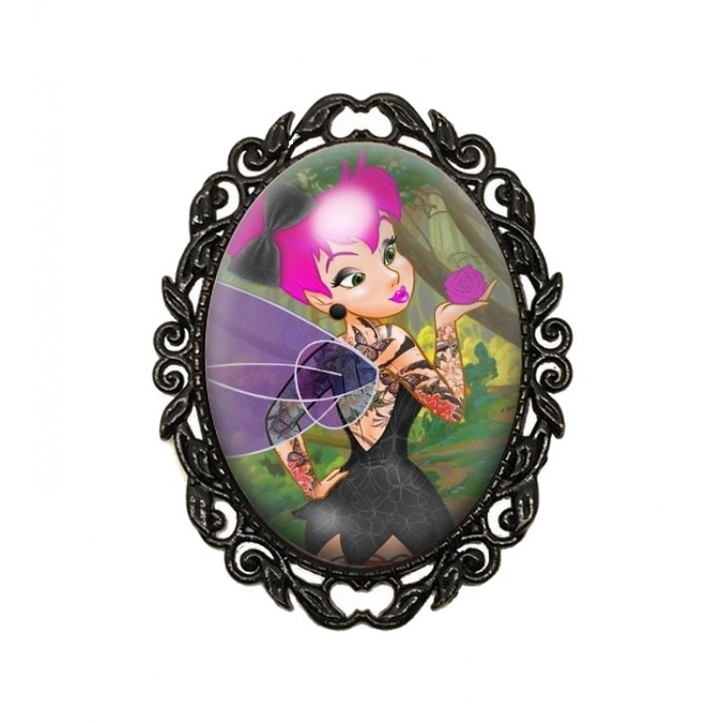 Broche Noire avec Cabochon en Verre Fée Clochette Gothique