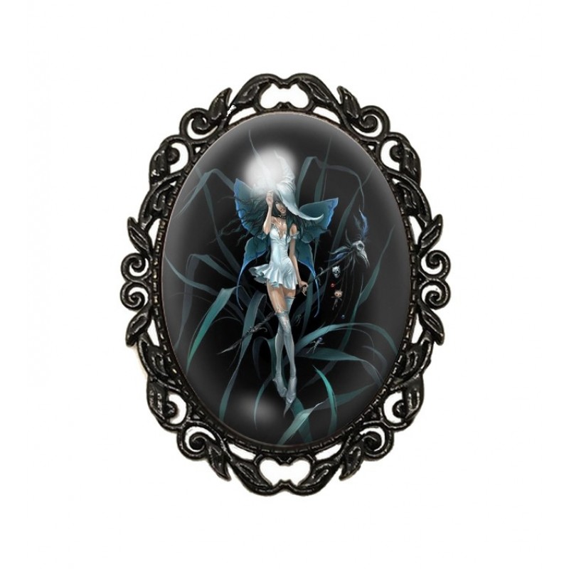 Broche Noire avec Cabochon en Verre Fée Heroic Fantasy