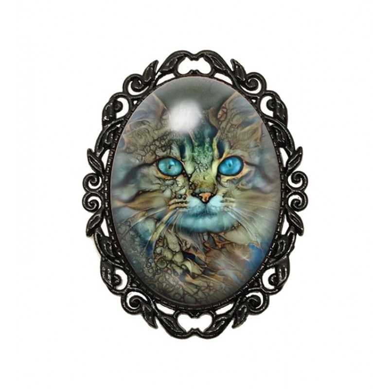 Broche Noire avec Cabochon en Verre Chat