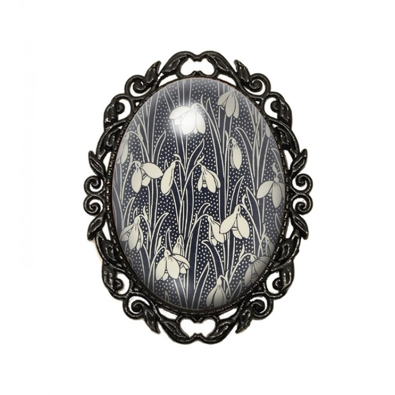 Broche Noire avec Cabochon en Verre Fleurs Noir et Blanc