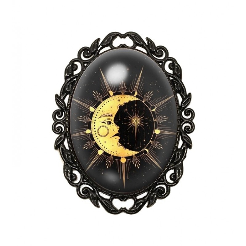 Broche Noire avec Cabochon en Verre Soleil Lune