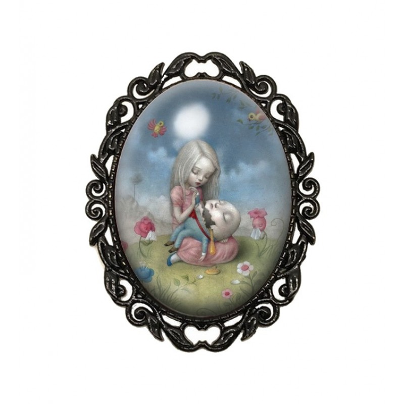 Broche Noire avec Cabochon en Verre Humpty Dumpty