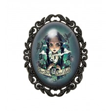 Broche Noire avec Cabochon en Verre Mercredi Gothique