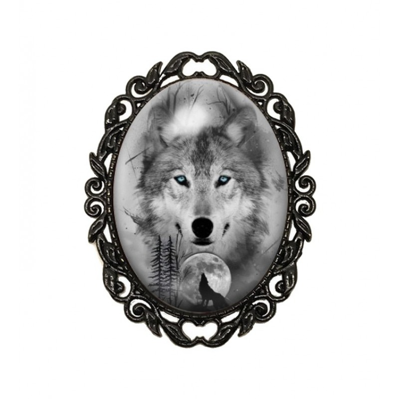 Broche Noire avec Cabochon en Verre Loup