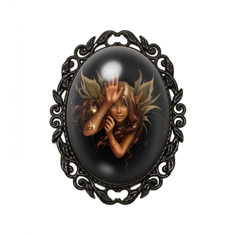 Broche Noire avec Cabochon en Verre Fée Heroic Fantasy