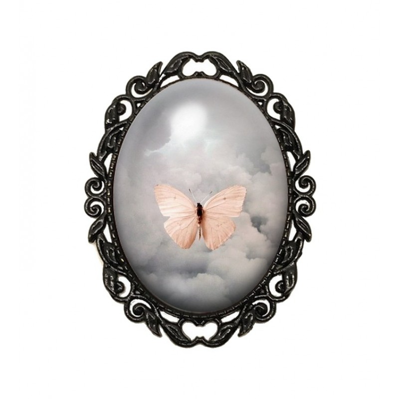 Broche Noire avec Cabochon en Verre Papillon Nuages