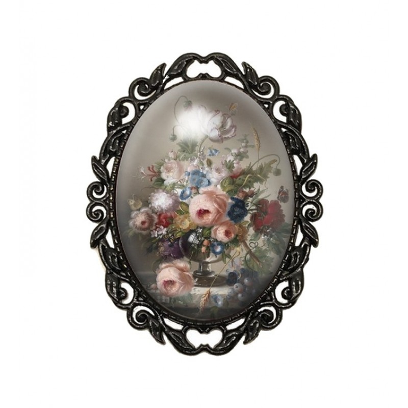 Broche Noire avec Cabochon en Verre Fleurs