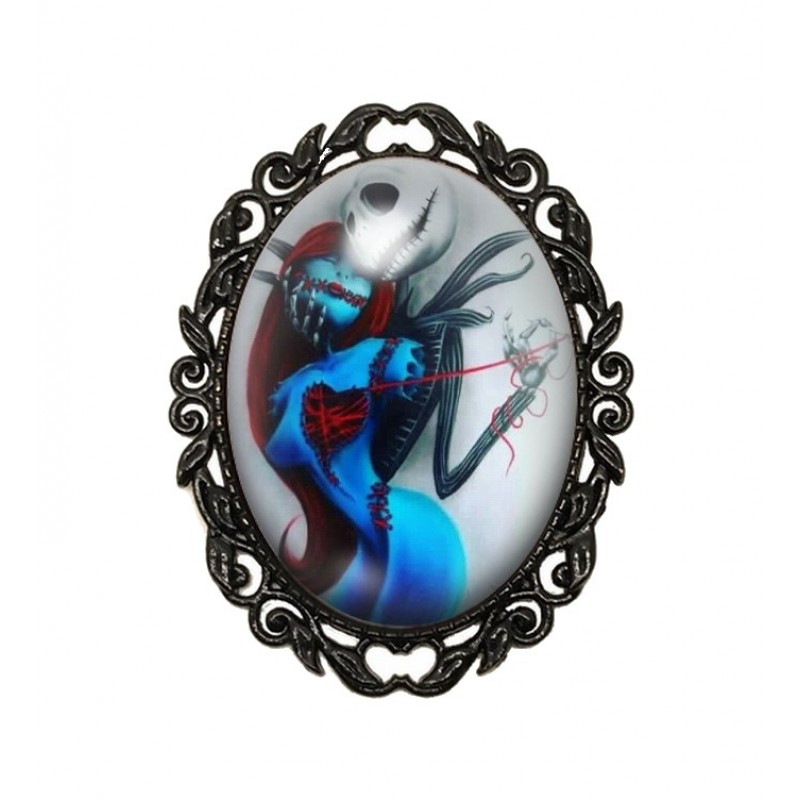 Broche Noire avec Cabochon en Verre Jack et Sally