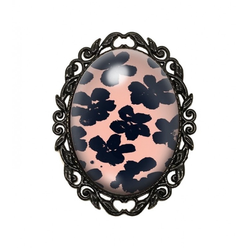 Broche Noire avec Cabochon en Verre Fleurs