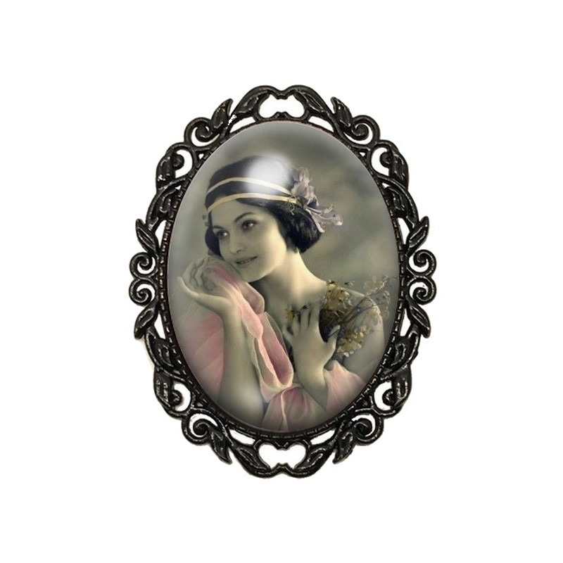 Broche Noire avec Cabochon en Verre Femme Vintage