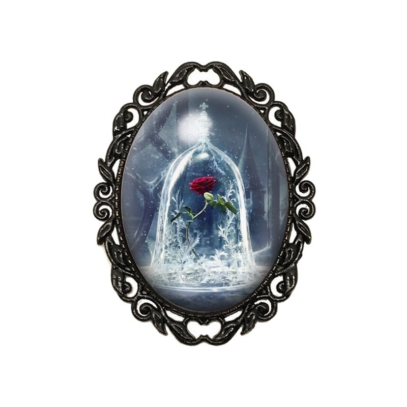 Broche Noire avec Cabochon en Verre Rose la belle et la Bête Princesse
