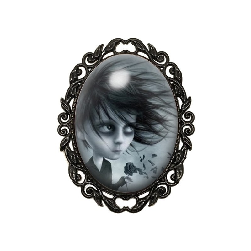 Broche Noire avec Cabochon en Verre Garçon Gothique