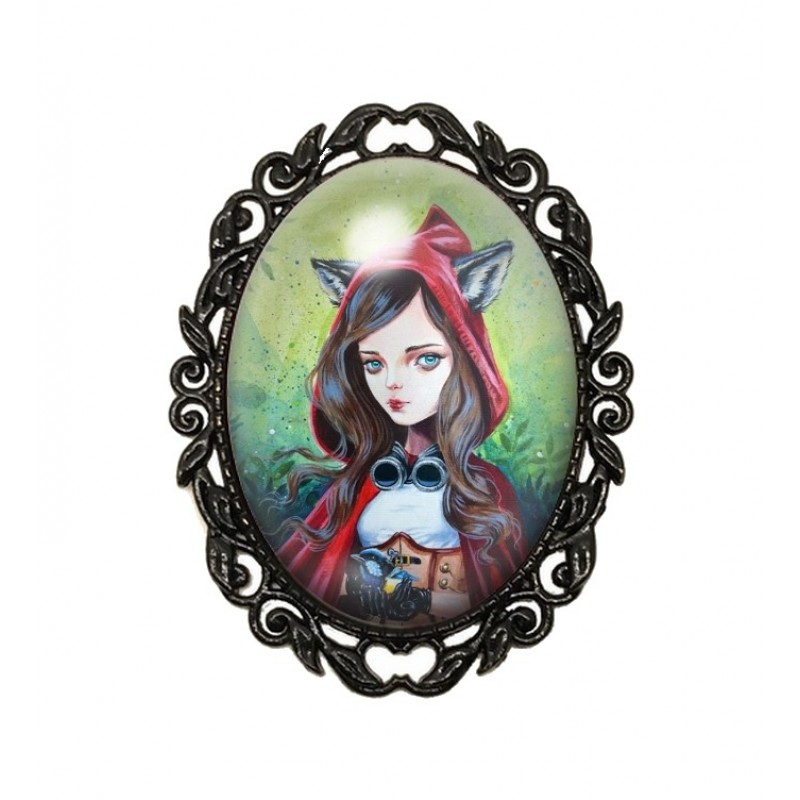 Broche Noire avec Cabochon en Verre Le Petit Chaperon Rouge