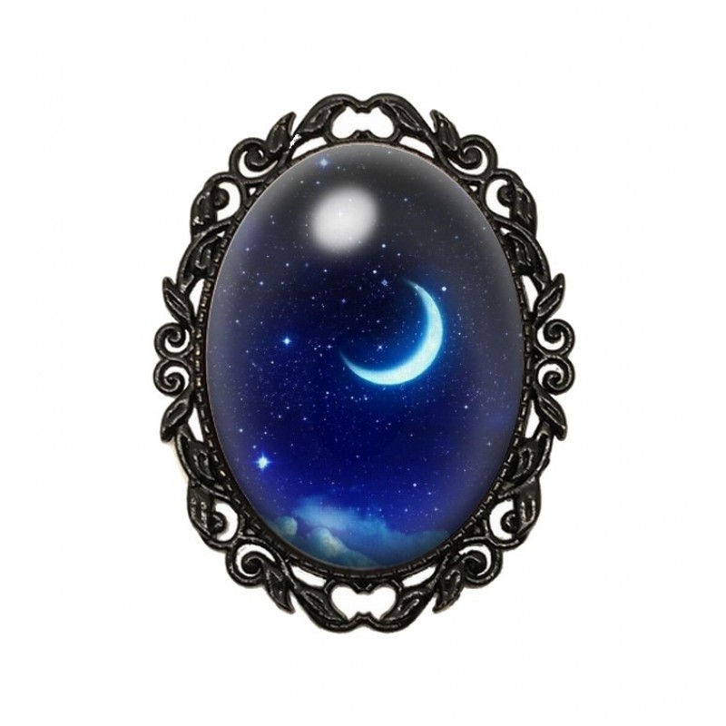 Broche Noire avec Cabochon en Verre Lune