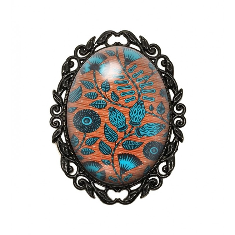 Broche Noire avec Cabochon en Verre Fleurs