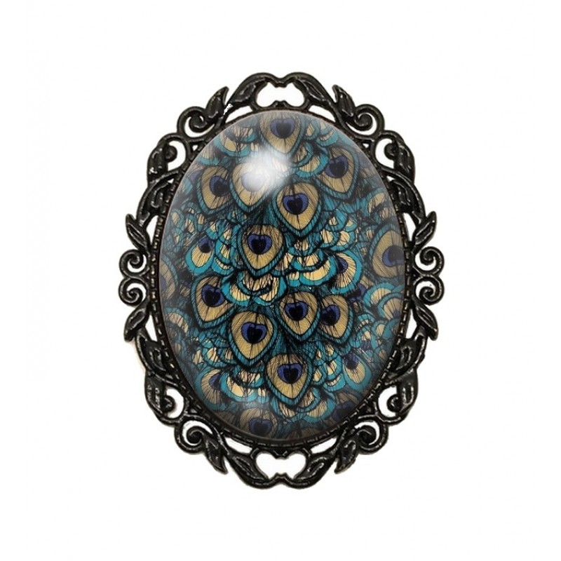 Broche Noire avec Cabochon en Verre Plumes de Paon