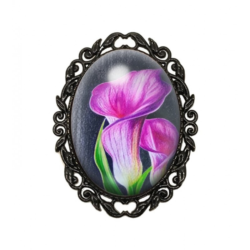 Broche Noire avec Cabochon en Verre Fleur