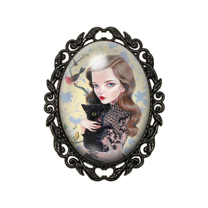 Broche Noire avec Cabochon en Verre Fille Chat Noir