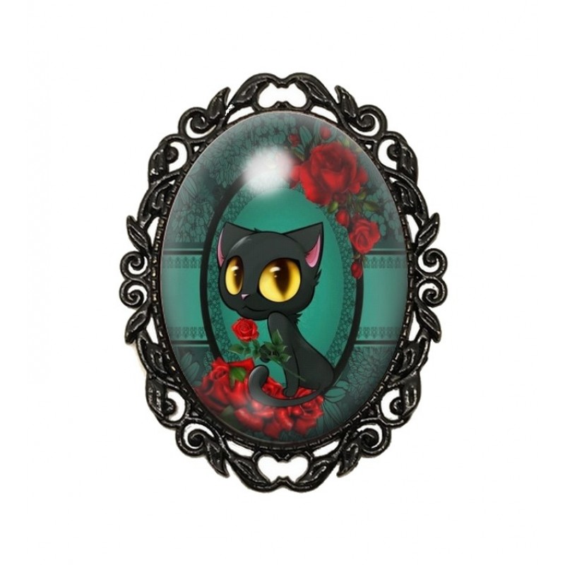 Broche Noire avec Cabochon en Verre Chat Noir
