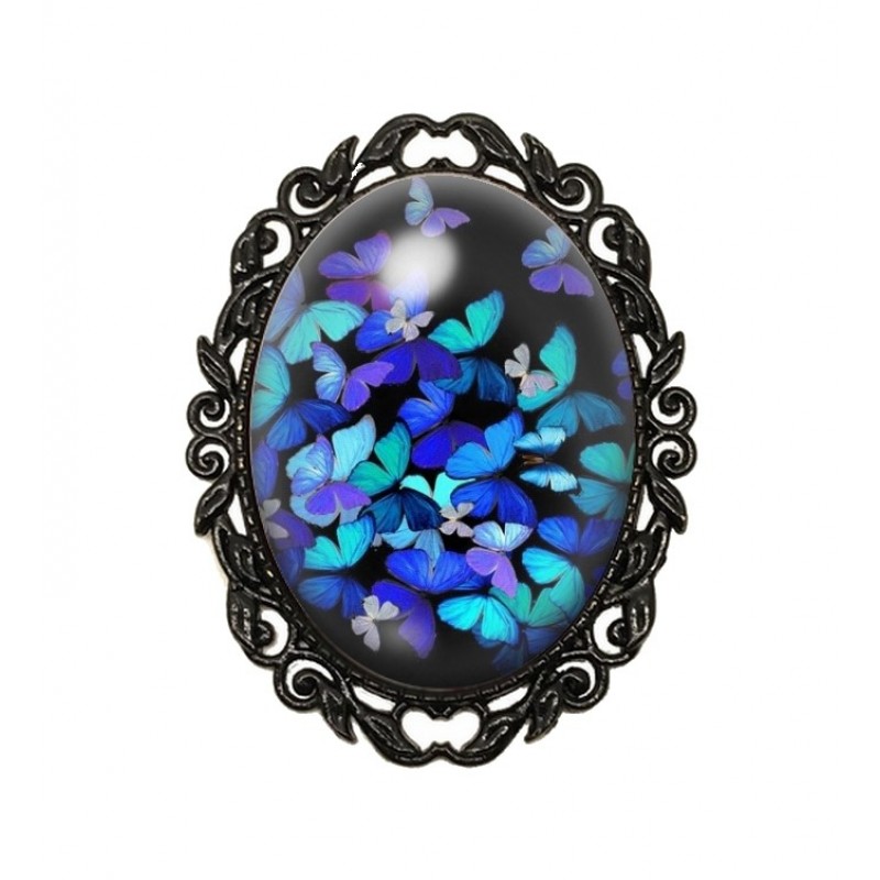 Broche Noire avec Cabochon en Verre Papillons
