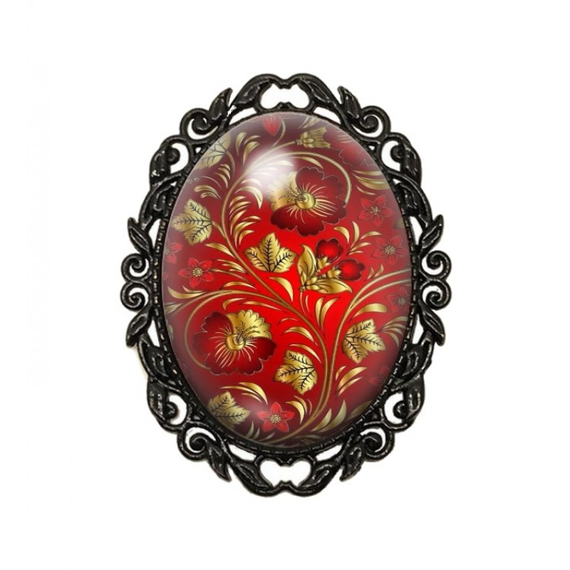 Broche Noire avec Cabochon en Verre Fleurs