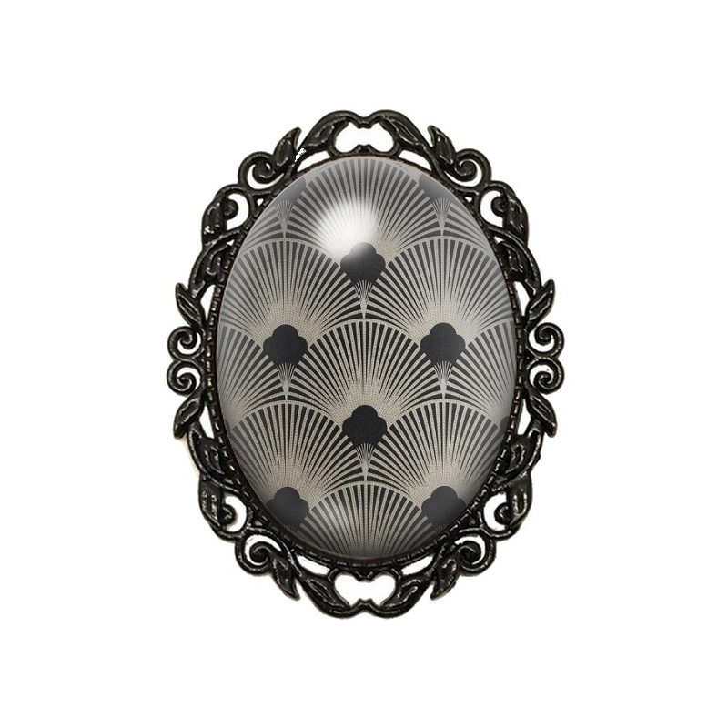 Broche Noire avec Cabochon en Verre Fleurs