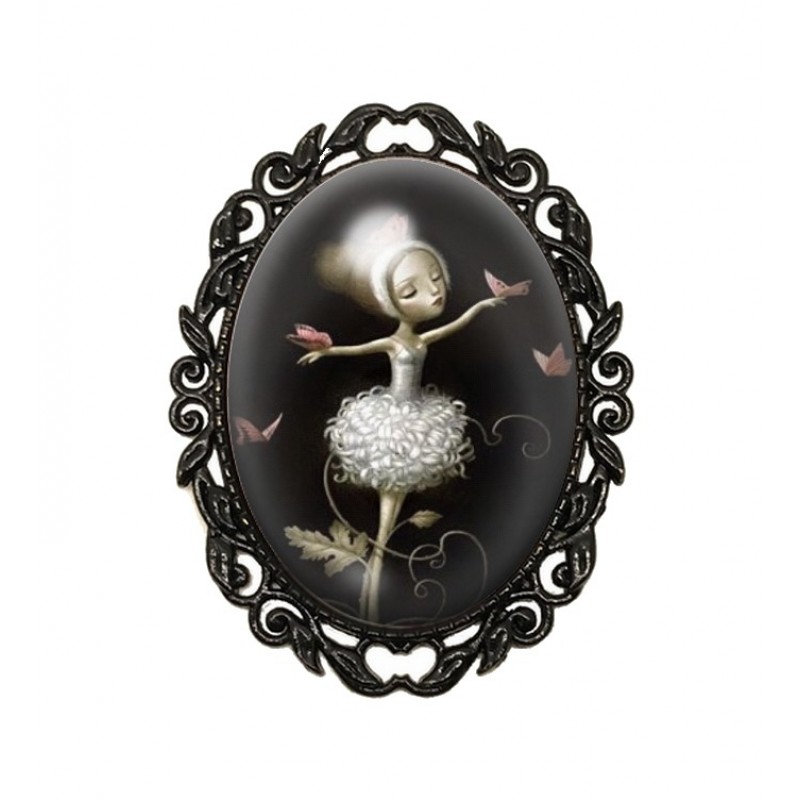 Broche Noire avec Cabochon en Verre Ballerine Papillons