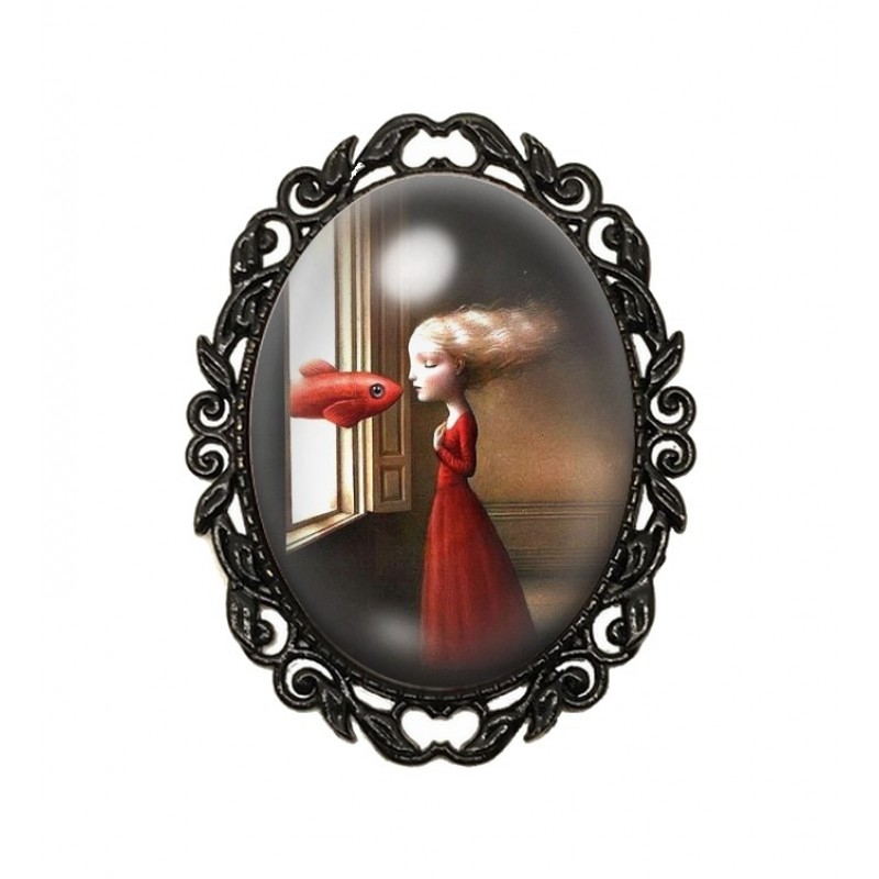 Broche Noire avec Cabochon en Verre Jeune Fille Poisson
