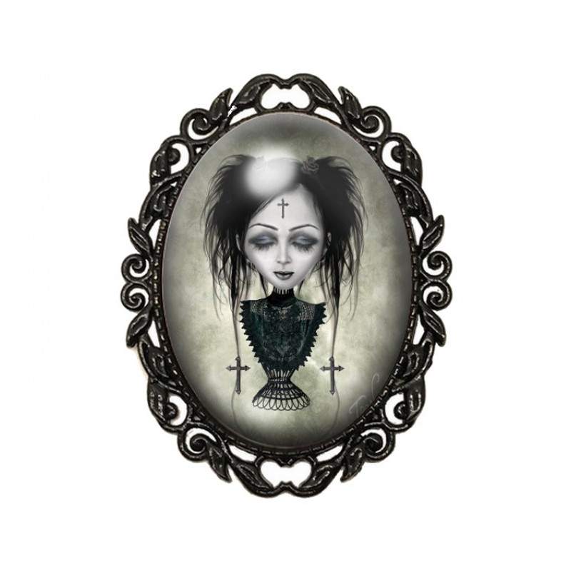 Broche Noire avec Cabochon en Verre Jeune Fille Gothique