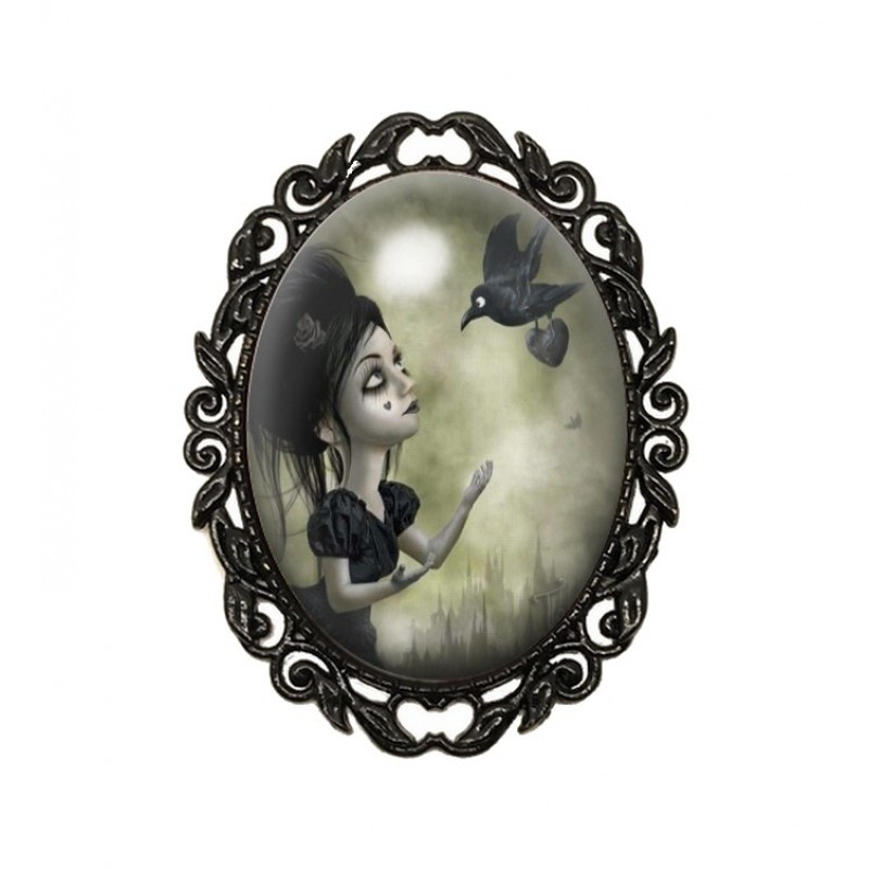 Broche Noire avec Cabochon en Verre Jeune Fille Corbeau Gothique