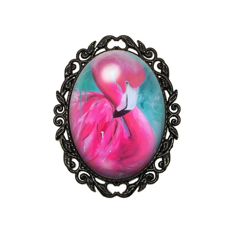 Broche Noire avec Cabochon en Verre Flamant Rose