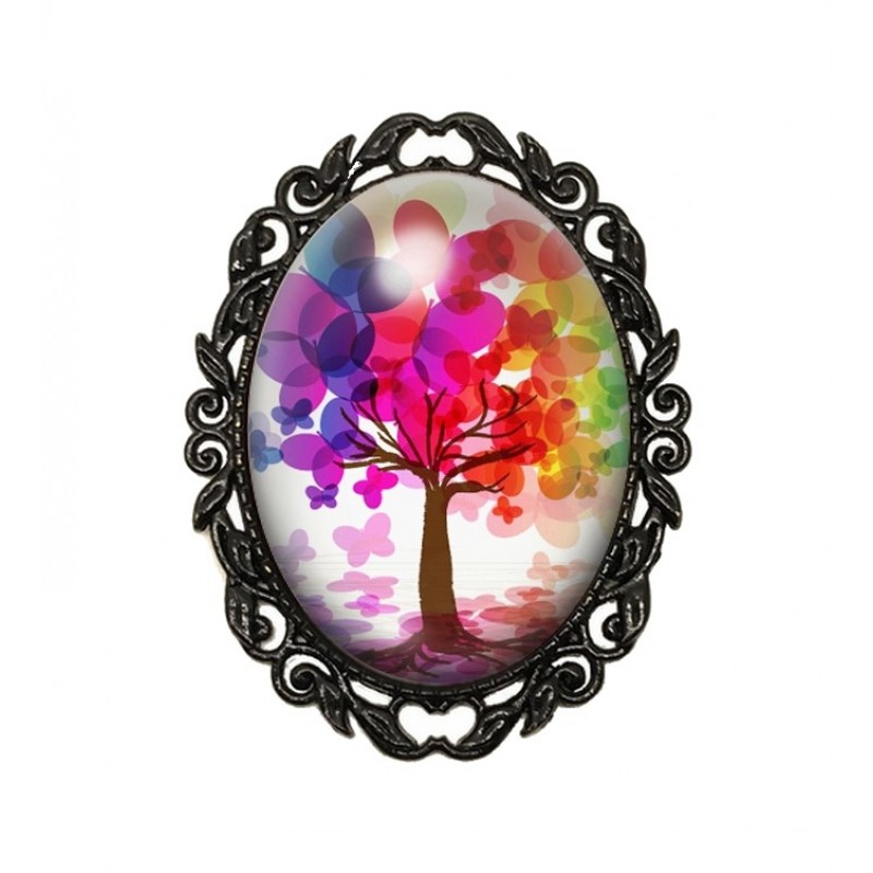 Broche Noire avec Cabochon en Verre Arbre Coloré